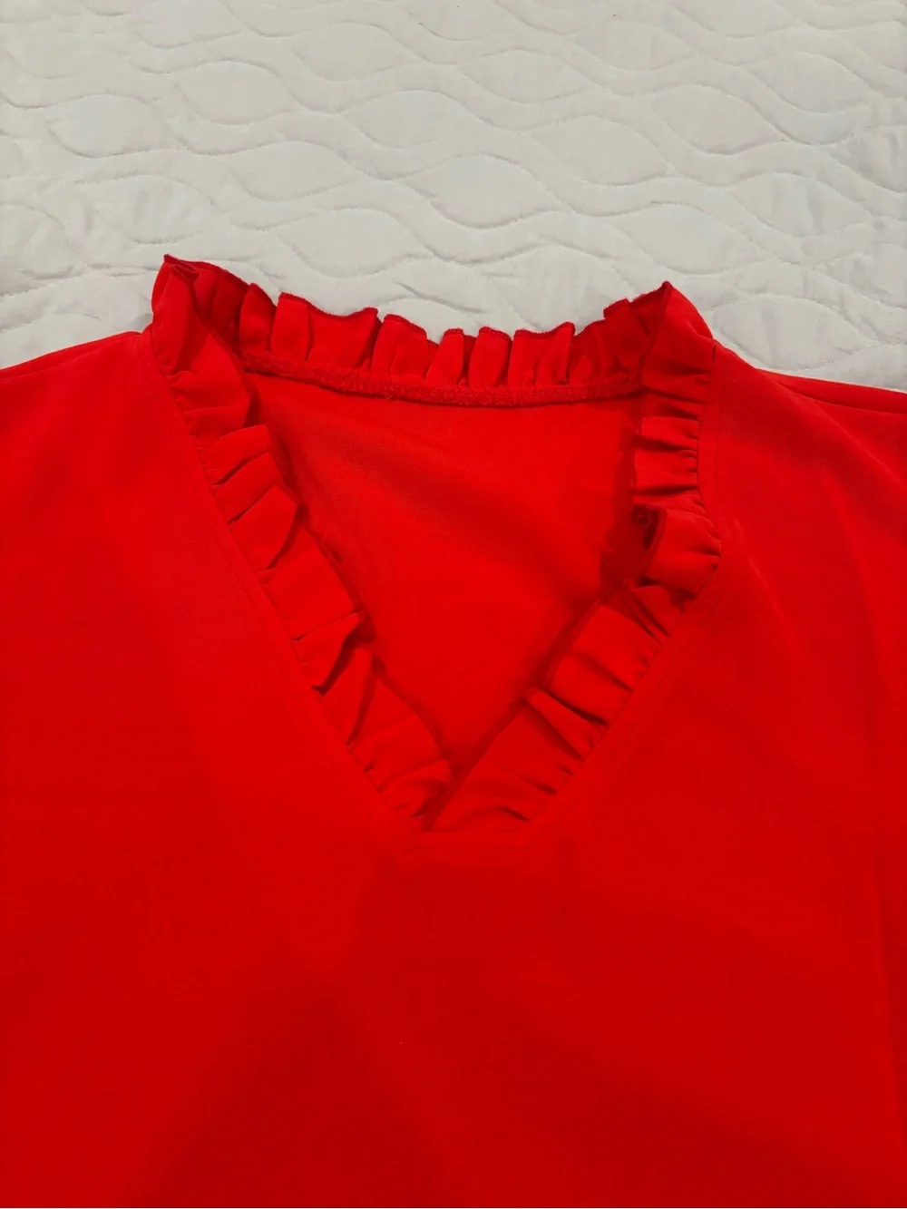 Red Ruffle V-Neck Women's Top - Picture 2 of 4